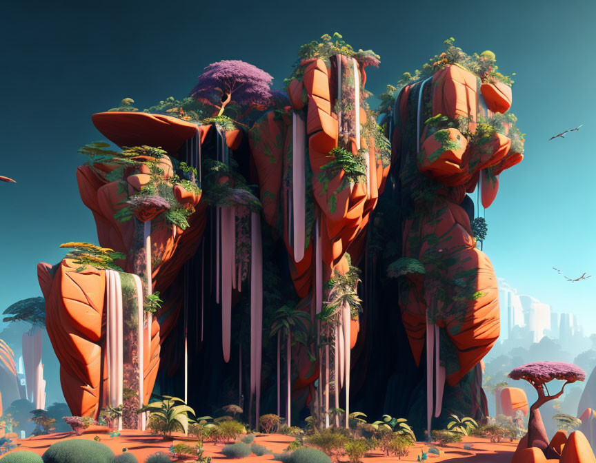 Majestic alien landscape: towering red rock formations, greenery, and waterfalls.