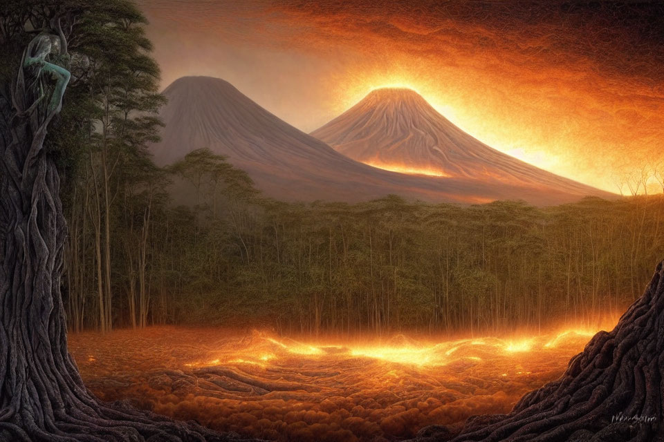 Majestic volcanic landscape with erupting twin volcanoes, flowing lava rivers, dense forest, and