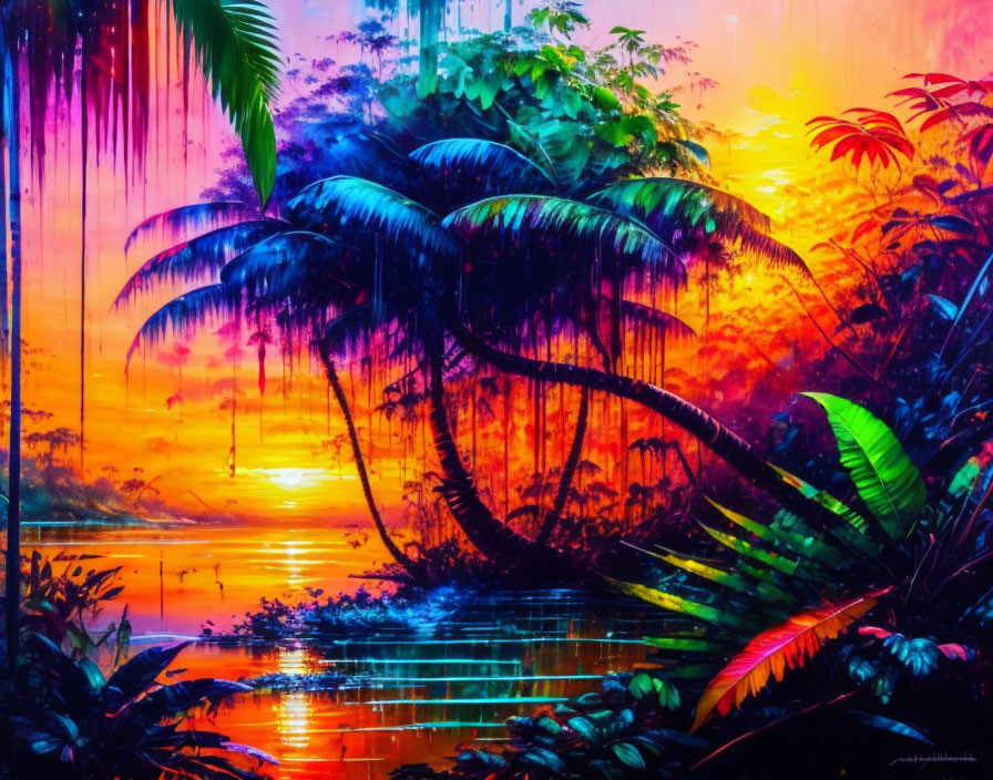 Colorful Tropical Landscape with Palm Trees and Sunset Reflection