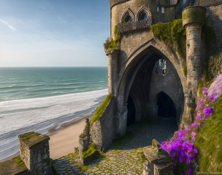 Coastal medieval tower with archways overlooking beach and purple flowers.