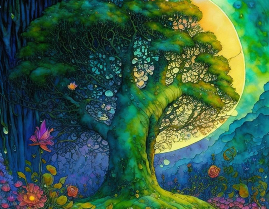 Whimsical painting of lush tree under yellow moon