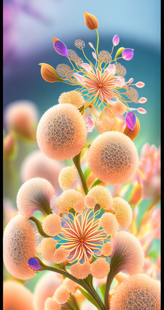 Whimsical plant with spherical blooms and colorful tendrils on pastel backdrop