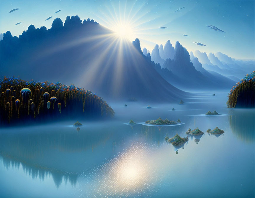 Fantasy landscape with radiant sun, mountains, lake, lush vegetation