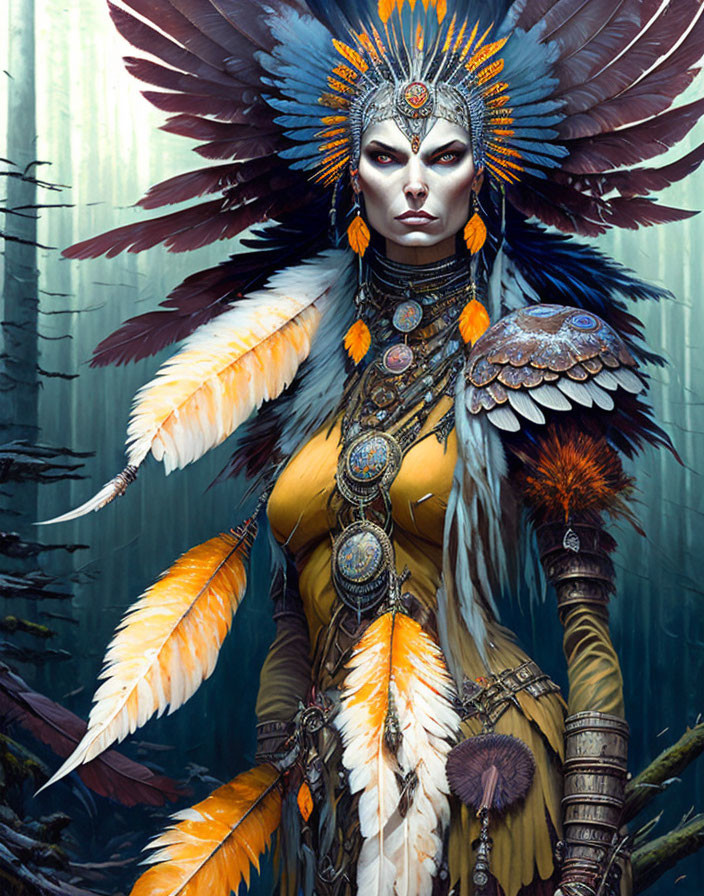 Illustration of woman in feathered headdress and tribal jewelry in forest