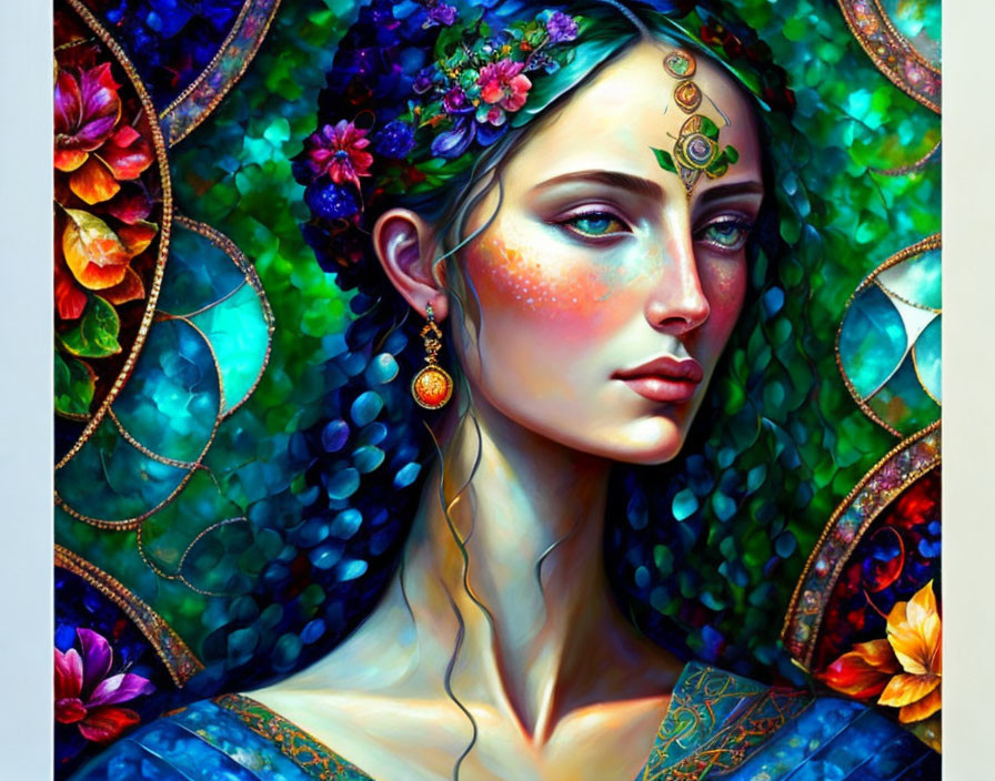 Colorful digital painting of a woman with floral hair adornments and stained glass background