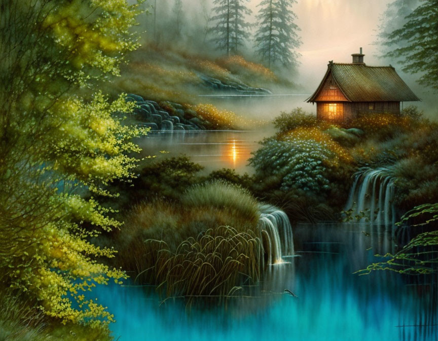 Tranquil cabin by misty lake with waterfalls & lush greenery