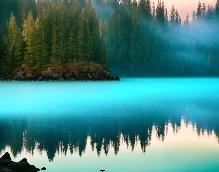 Tranquil Twilight Scene: Vibrant Turquoise Lake Reflecting Pine Trees