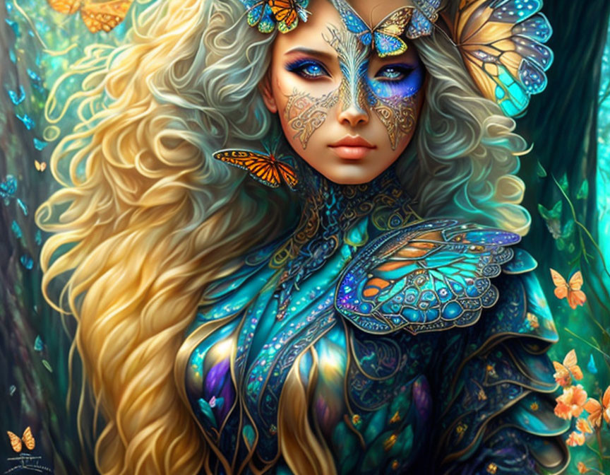 Portrait of woman with butterfly wing patterns surrounded by vibrant butterflies on green background