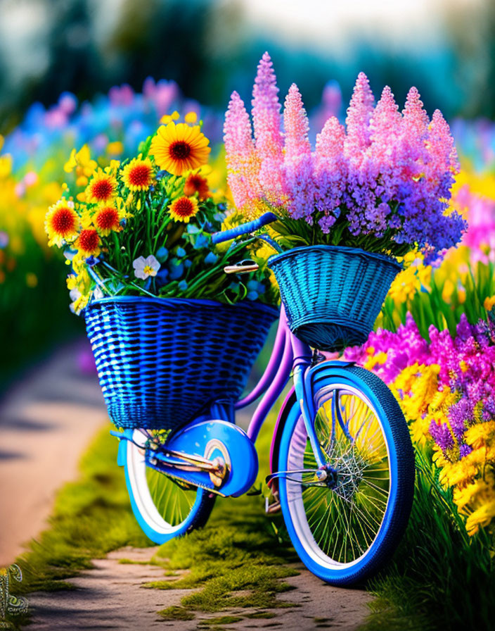 Purple Bicycle with Colorful Flowers in Baskets Along Garden Path