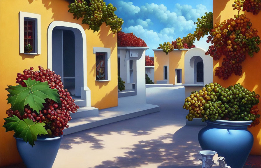 Vibrant Mediterranean Street Scene with Yellow Walls and Blue Pots