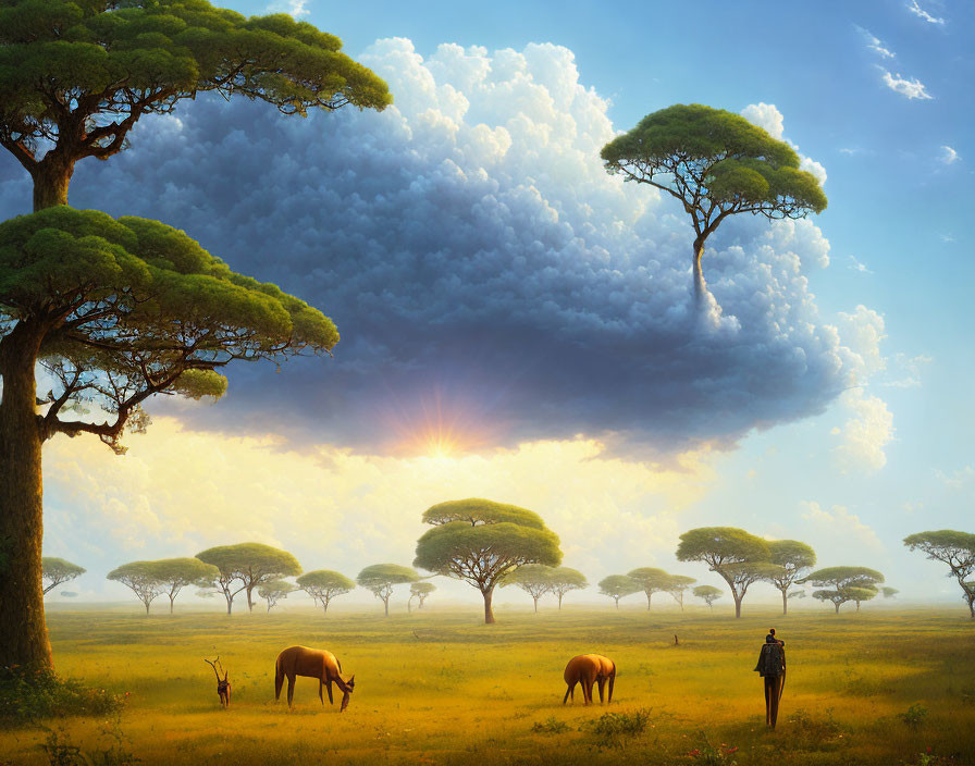 Savanna Sunset Scene with Elephants, Acacia Trees, and Horseback Rider