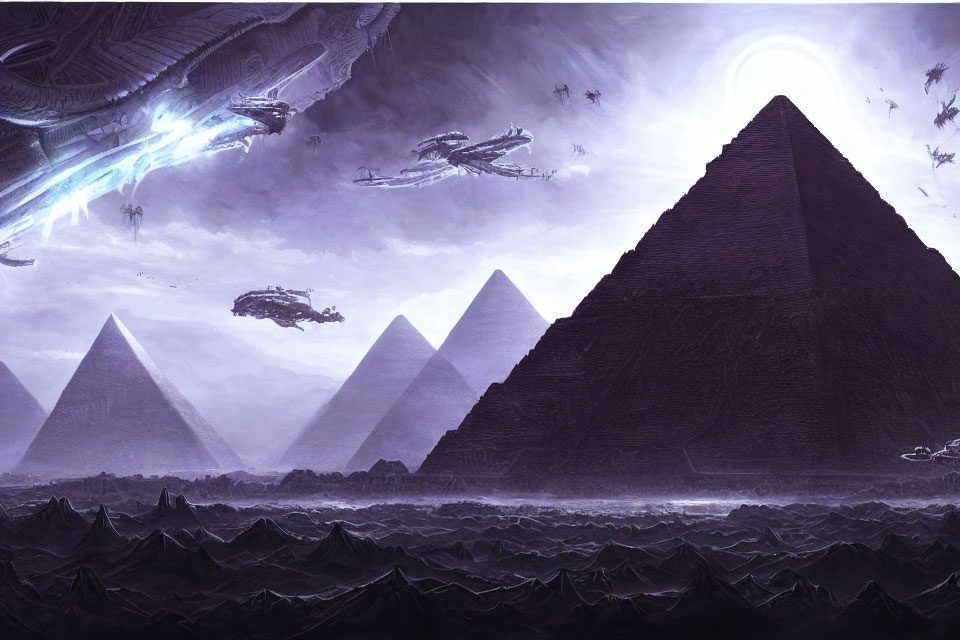 Dark sci-fi landscape with pyramids, stormy sky, futuristic ships, and blue light.