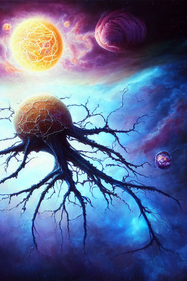 Colorful cosmic illustration: tree-like structure with space roots, planets, and nebula