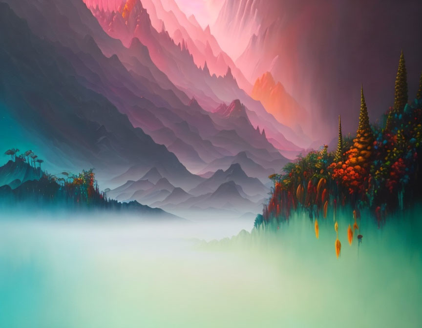 Layered Purple and Pink Mountains in Mystical Landscape