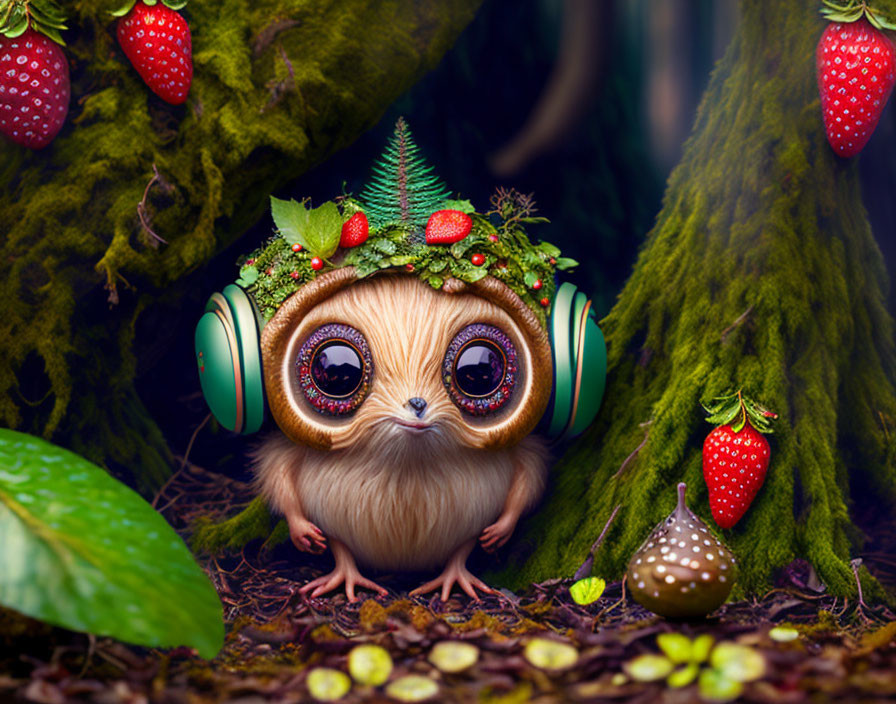 Wide-eyed creature in Christmas tree hat with headphones among mossy trees and strawberries