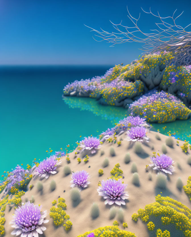 Vibrant beach scene with purple and yellow flowers by calm turquoise sea