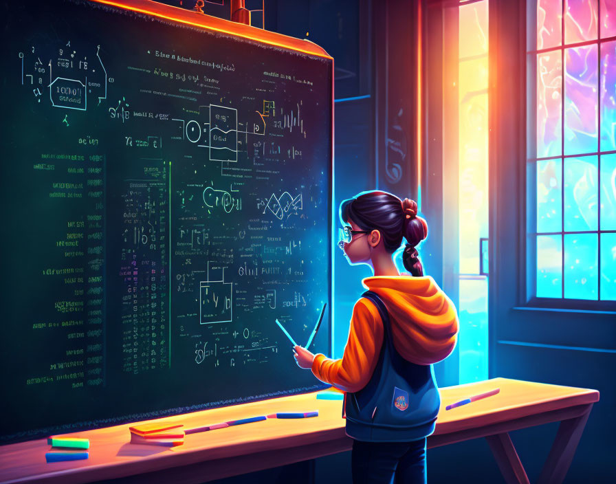 Young student in hoodie ponders mathematical equations on glowing blackboard