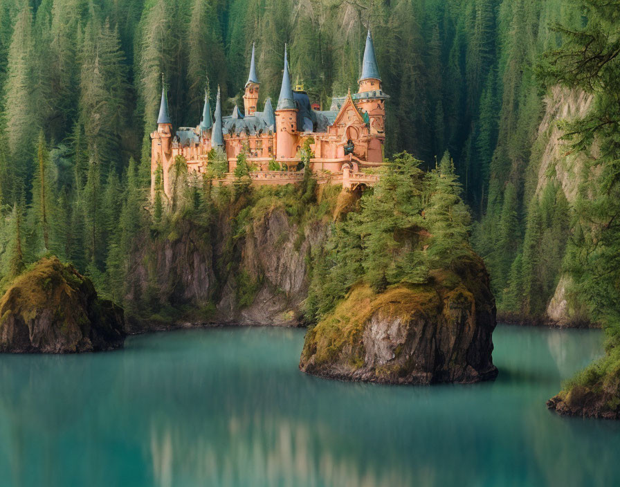 Fairytale castle with spires on forested island in tranquil lake