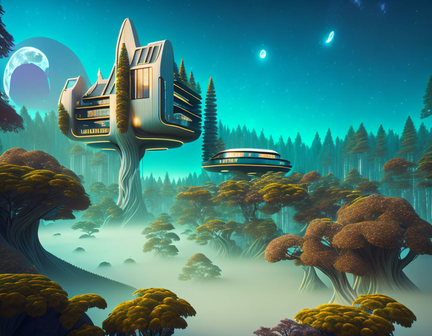 Futuristic buildings on tree-like structures in forest with misty floor under alien sky