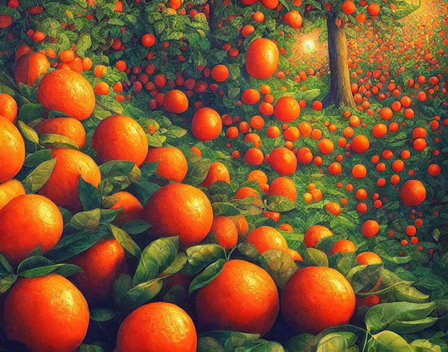 Lush Orange Grove with Ripe Fruit and Green Leaves