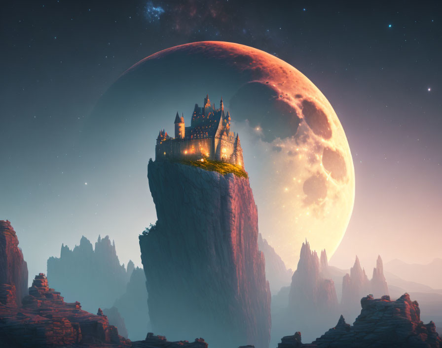 Fantasy castle on cliff under moonlit sky