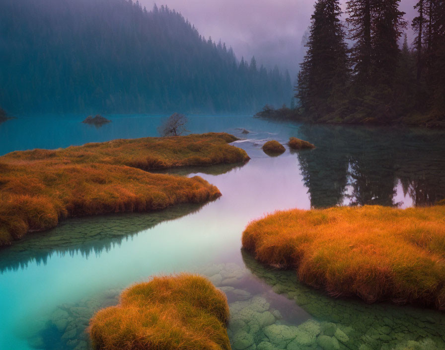 Turquoise Lake Surrounded by Pine Trees and Orange Islets