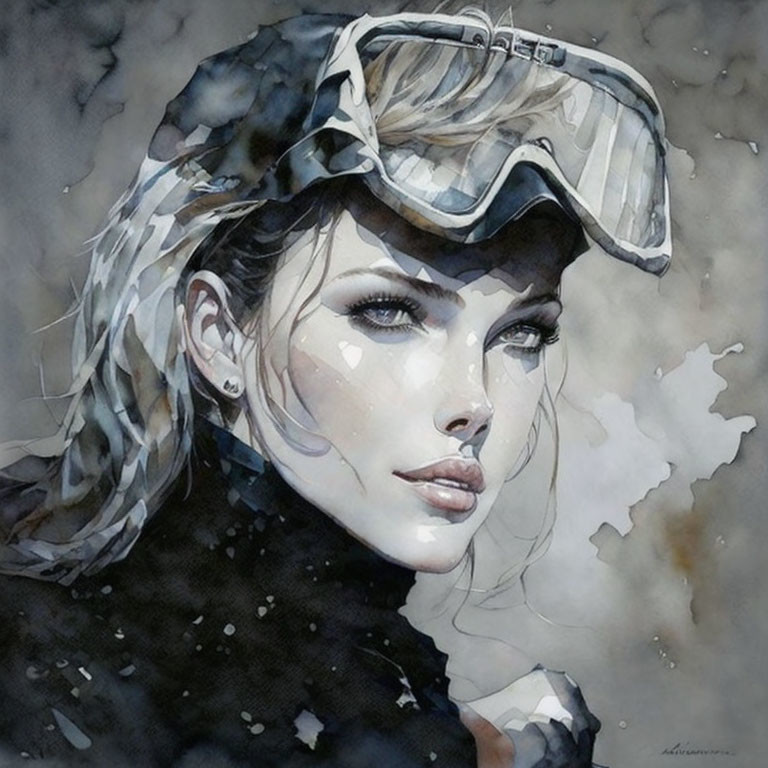 Watercolor painting of woman in helmet and goggles on textured monochrome backdrop