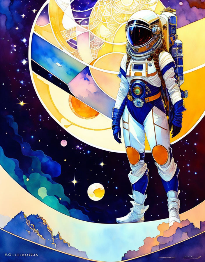 Astronaut in vibrant cosmic landscape with celestial bodies