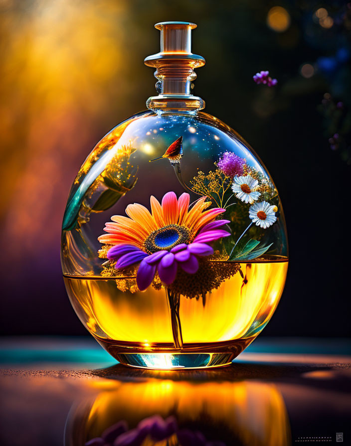 Colorful flowers in round glass perfume bottle on glossy surface