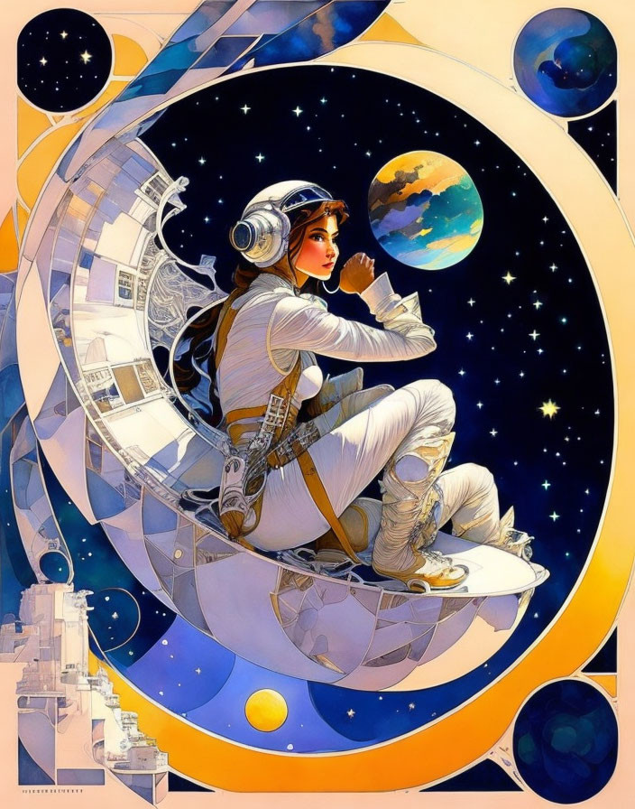 Astronaut in white space suit gazes at Earth in cosmic gateway.