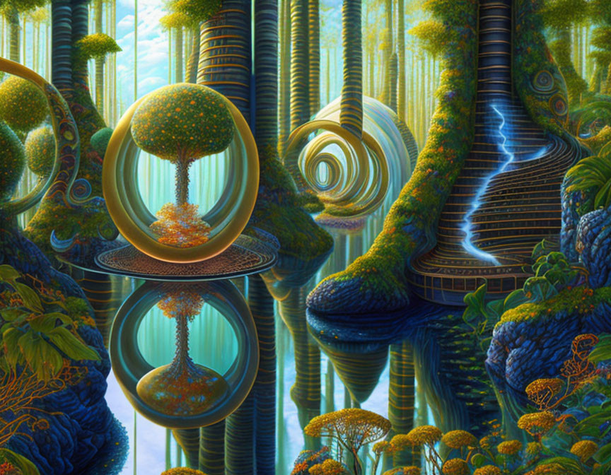 Surreal landscape with trees, reflective sphere, and waterfalls