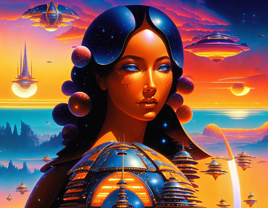 Digital artwork of a woman with cosmic skin in a sci-fi landscape