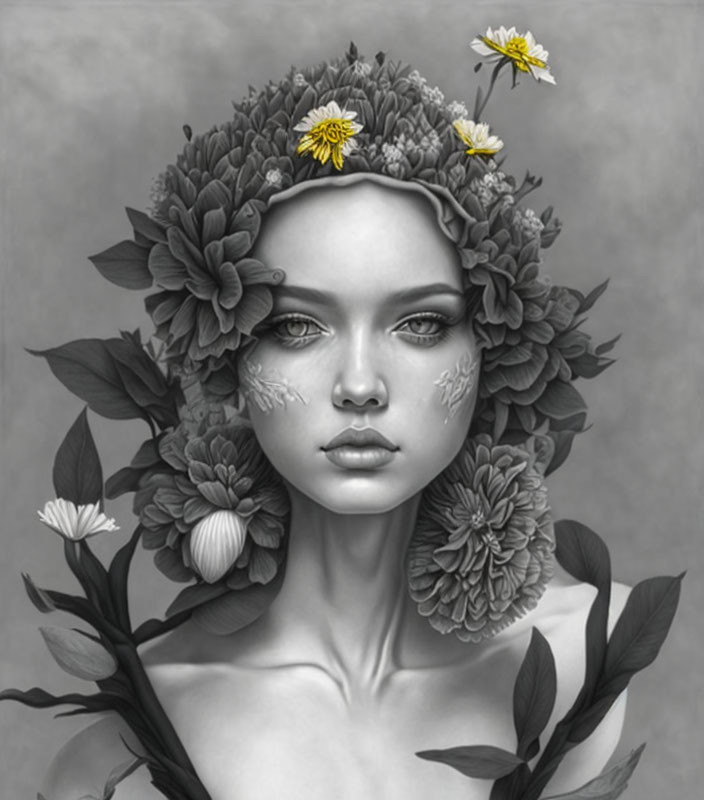 Monochrome portrait with floral adornments and butterflies