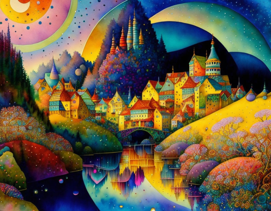 Colorful Fantasy Village Painting with Starry Night Sky