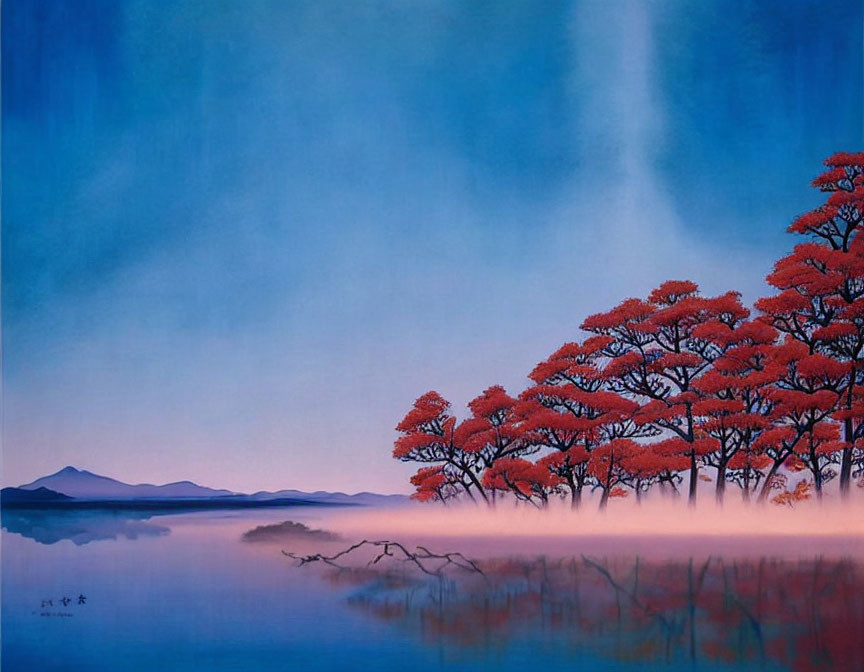 Tranquil landscape: Red trees, blue lake, fog, mountain range