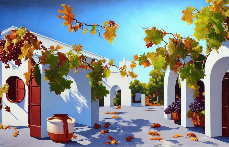 Sunlit courtyard painting with white buildings, arches, terra cotta pot, grapevines,