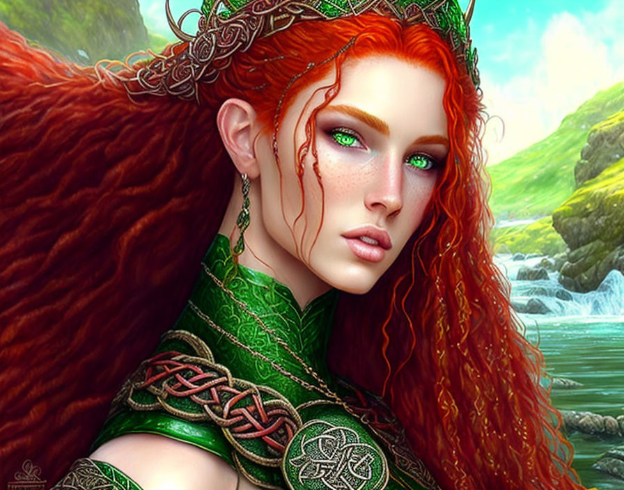 Fantasy female character with red hair and Celtic attire in natural setting.