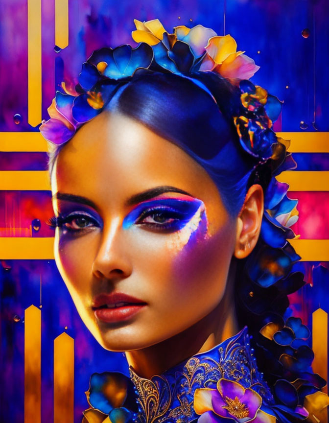 Woman portrait with vibrant blue eyeshadow & floral headpiece on colorful abstract background