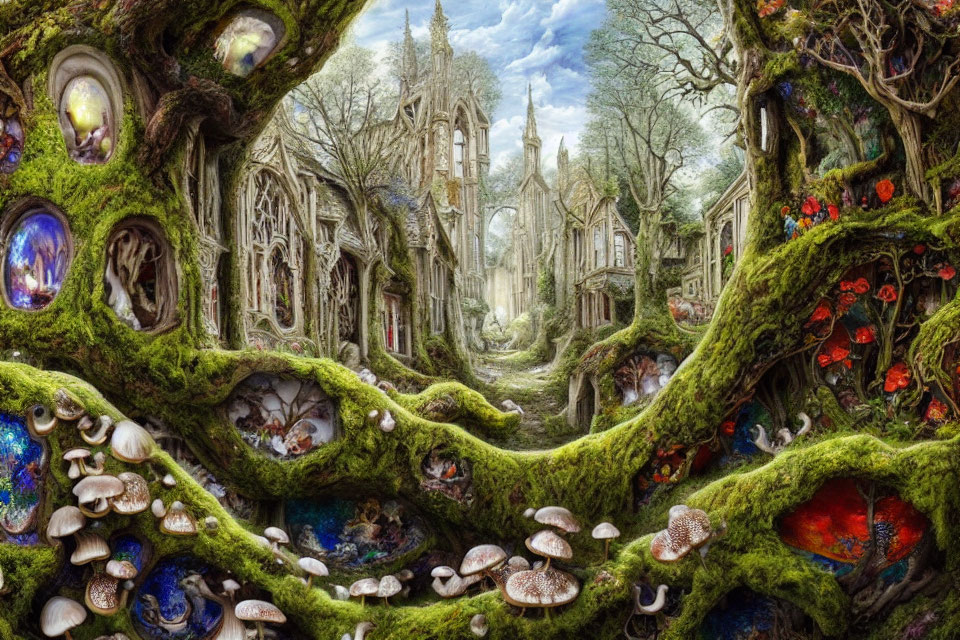 Fantasy woodland scene with tree roots, mushrooms, and ivy-covered ruins under clear sky