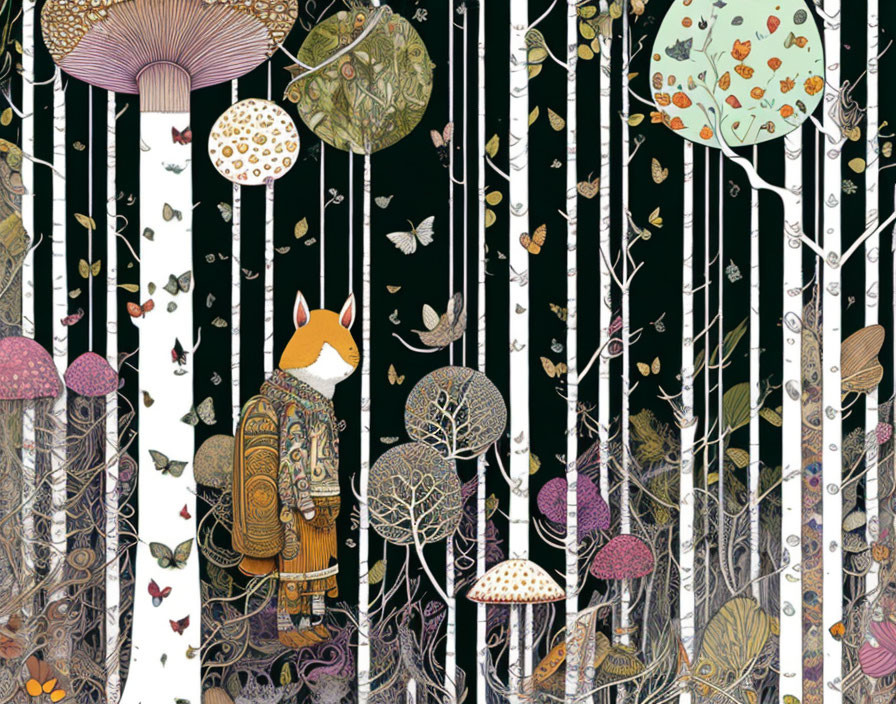 Whimsical fox illustration with trees, mushrooms, and butterflies