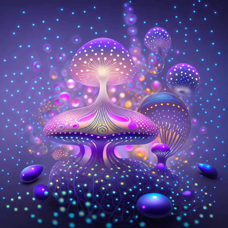 Stylized luminescent mushrooms with floating orbs and intricate patterns