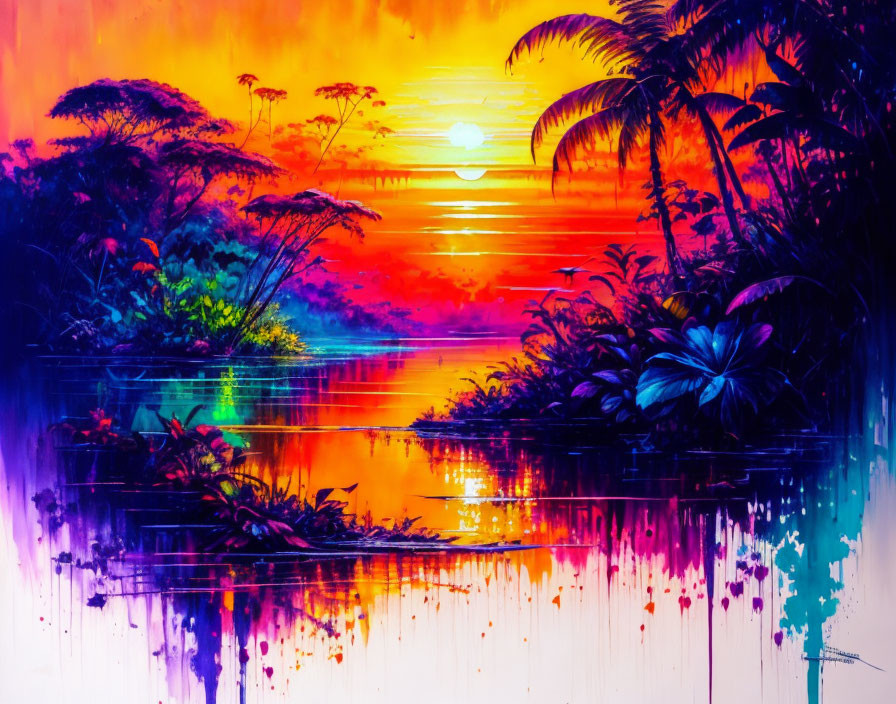 Colorful Tropical Sunset Painting with Palm Trees and Dripping Paint Effect