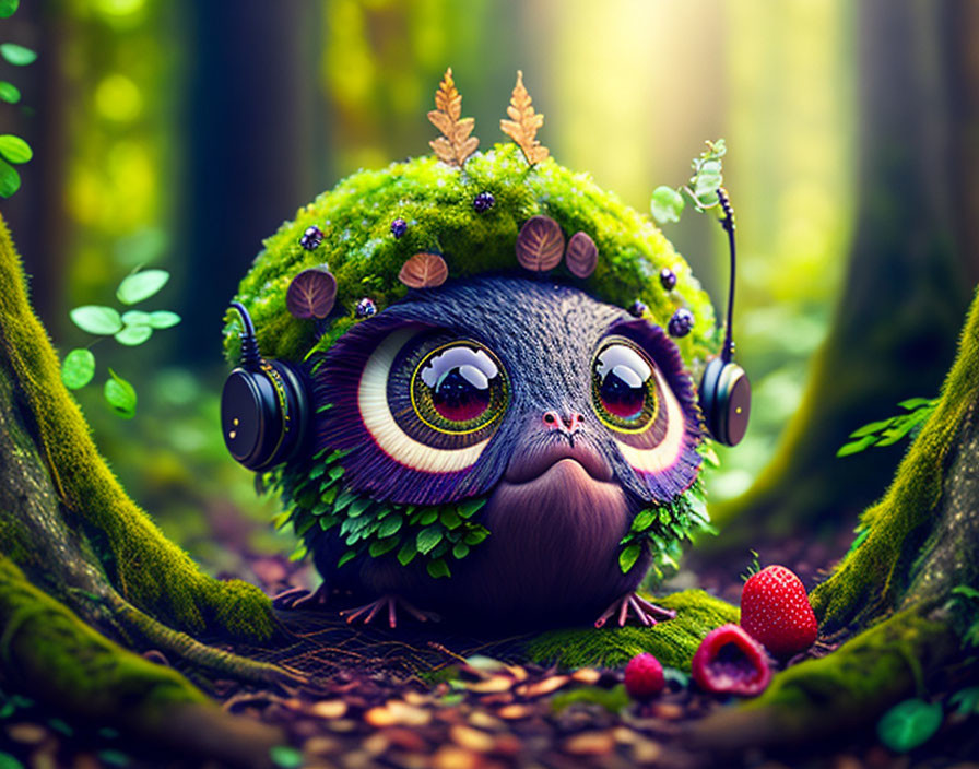 Animated owl creature with headphones in forest wearing mossy, flower shell