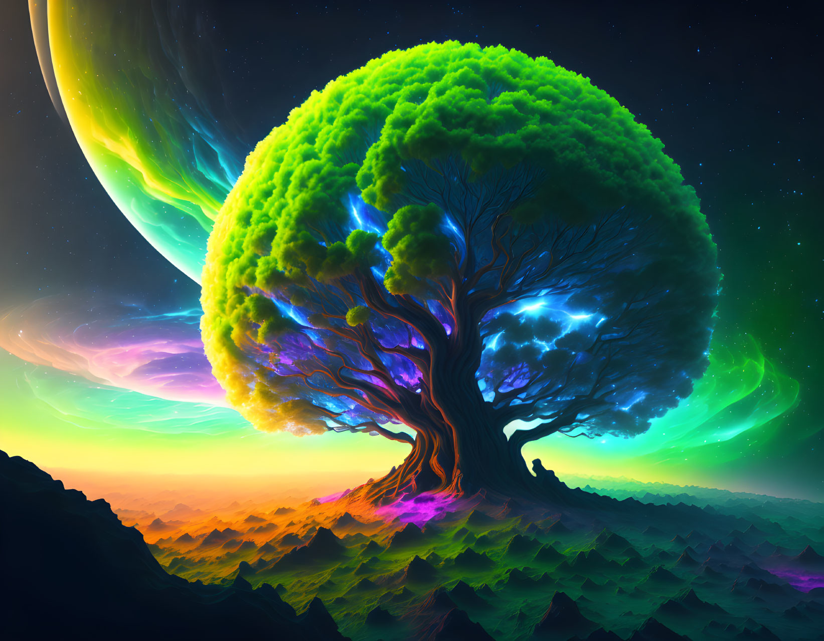 Colorful digital artwork: colossal dual-color tree under fantastical sky