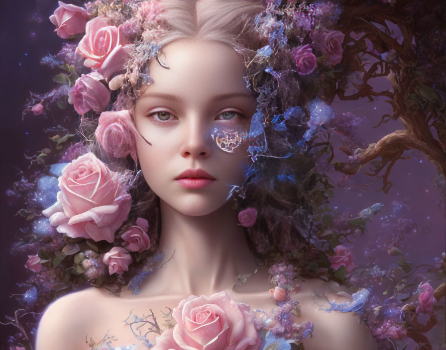 Fantasy-inspired portrait of a woman with floral adornments and butterflies in dreamy setting