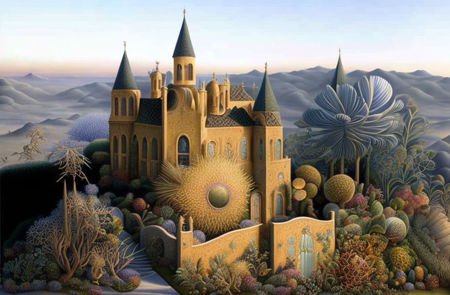 Fantasy castle in lush landscape with oversized plants under gradient sky.