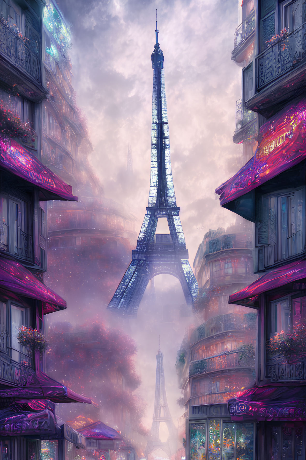 Ethereal pink-hued Eiffel Tower illustration in Parisian setting