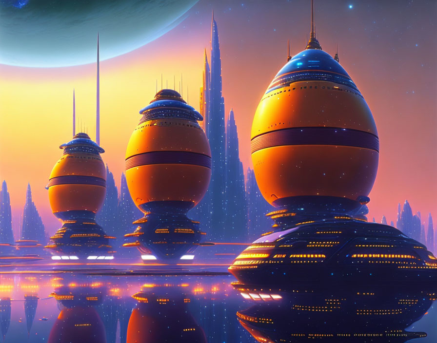 Futuristic cityscape with spherical buildings and towering spires against a backdrop of a large planet and