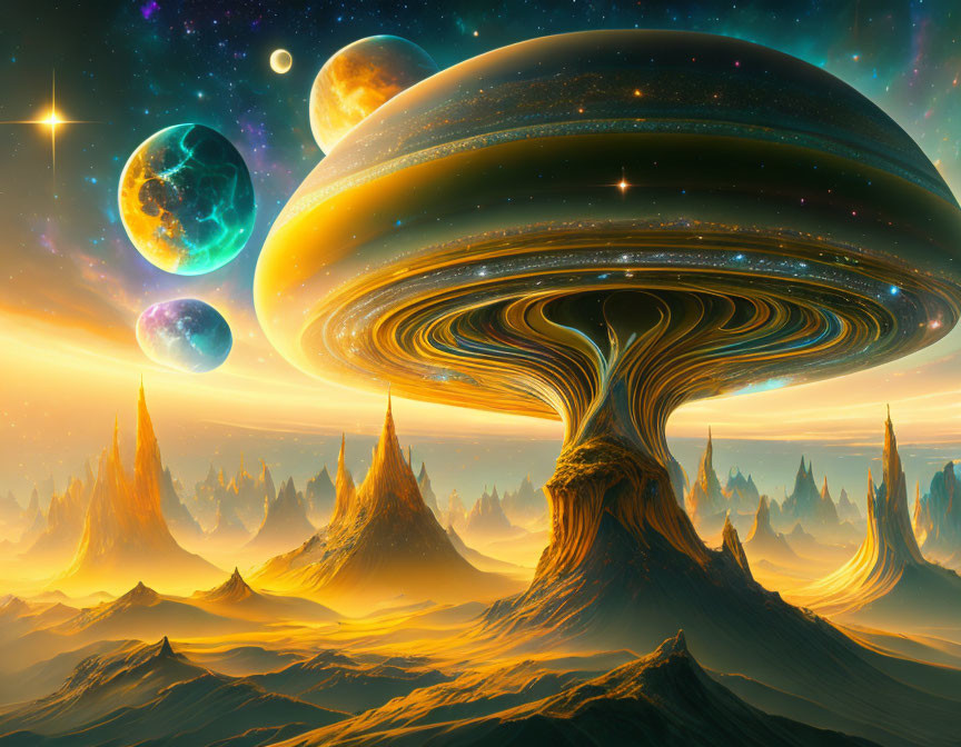 Colorful Alien Landscape with Tree-like Structure and Ringed Planets