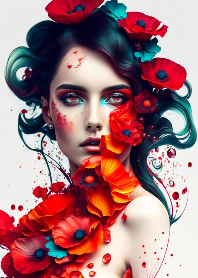 Surreal portrait featuring woman with red poppies and swirling hair